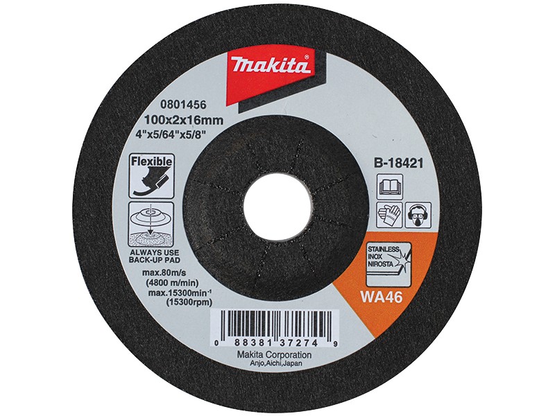 Upogljiva brusilna plošča Makita, za jeklo, Dimenzije: 100x3x16mm, Zrnatost: 36, B-18231