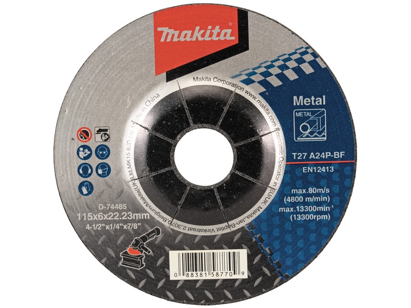 Vbočena brusilna plošča Makita za kovino, Dimenzije: 115x6x22,23mm, D-74485