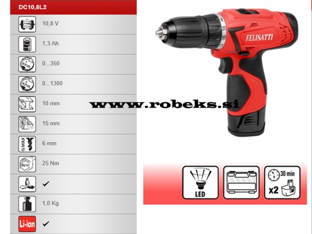 Akumulatorski vrtalnik Felisatti DC10,8L2,2x1.3Ah,10.8V,Li-Ion