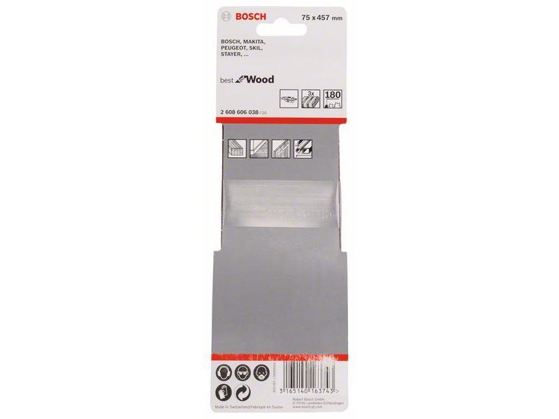 3-delni komplet brusilnih trakov Bosch, Dimenzije: 75 x 457 mm, Zrnatost: 180, 2608606038