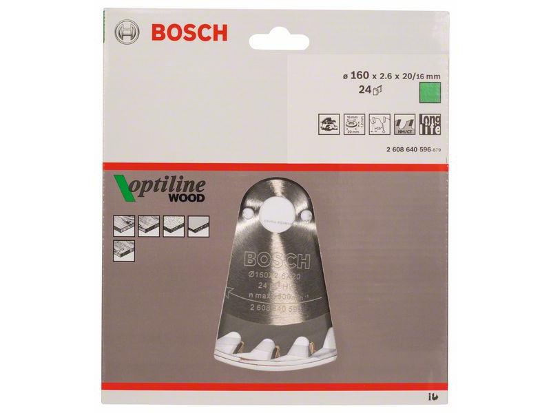 List krožne žage Bosch Optiline Wood, Dimenzije: 160x20/16x2,6mm, Zob: 24, 2608640596