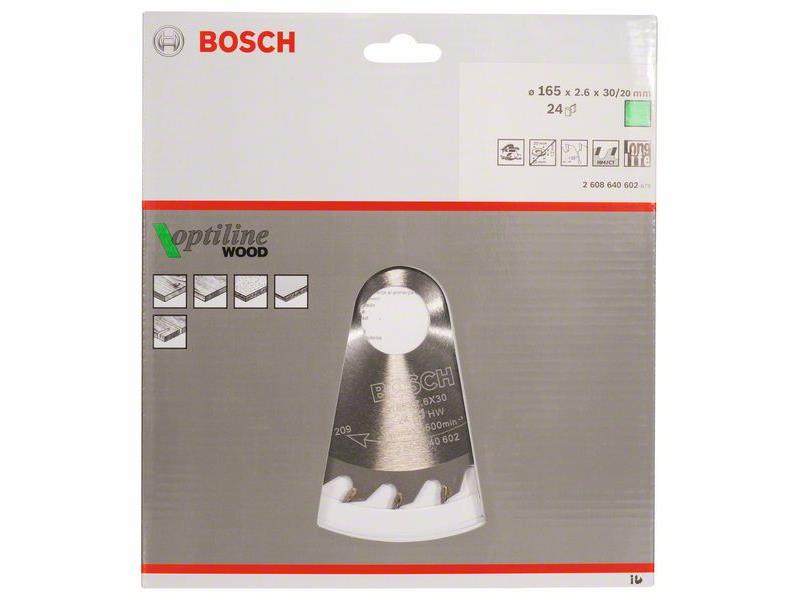 List krožne žage Bosch Optiline Wood, Dimenzije: 165x30x2,6mm, Zob: 24, 2608640602