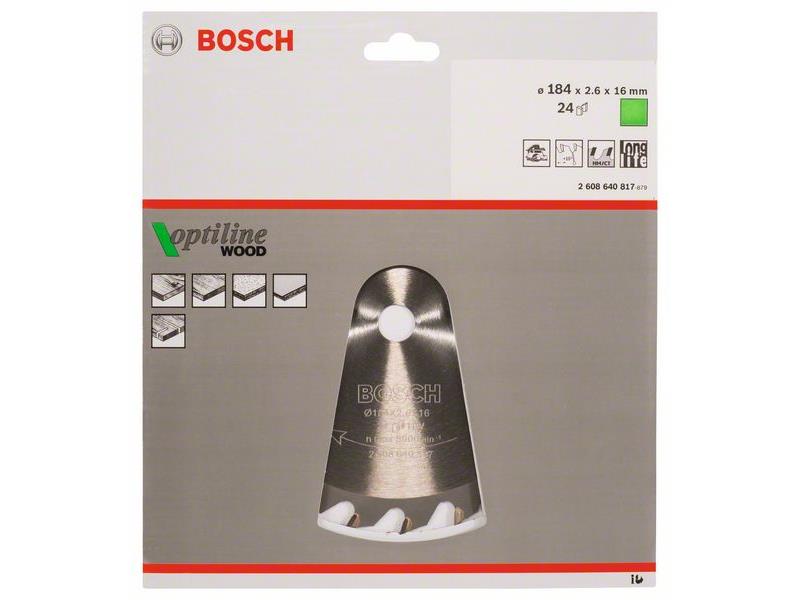List krožne žage Bosch Optiline Wood, Dimenzije: 184x16x2,6mm, Zob: 24, 2608640817