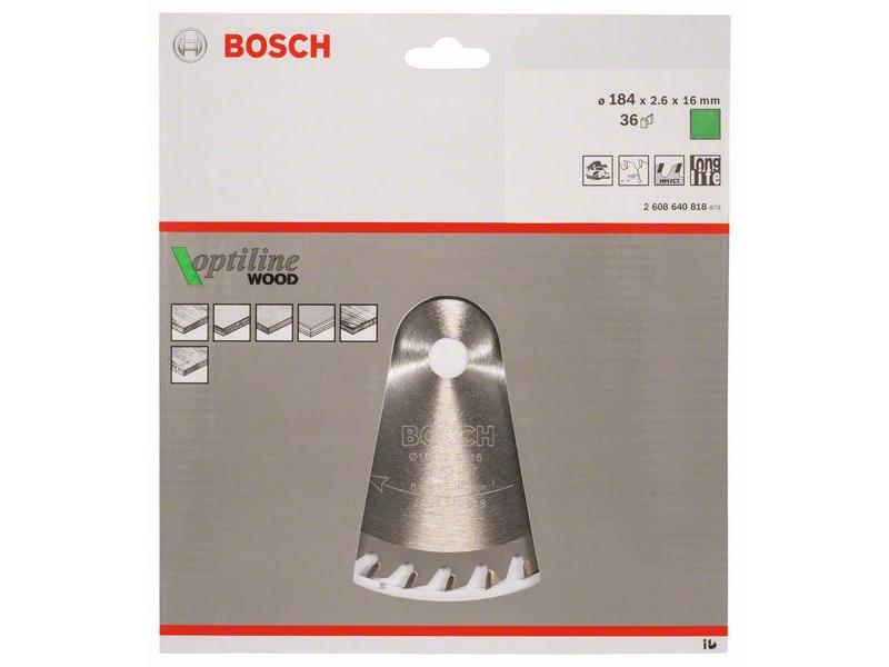 List krožne žage Bosch Optiline Wood, Dimenzije: 184x16x2,6mm, Zob: 36, 2608640818