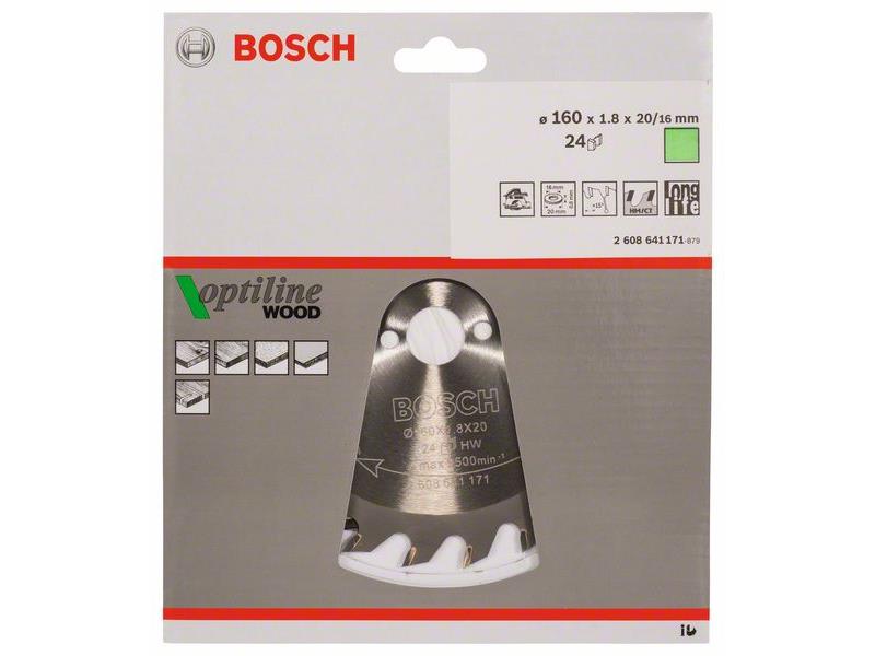 List krožne žage Bosch Optiline Wood, Dimenzije: 160x20/16x1,8mm, Zob: 24, 2608641171