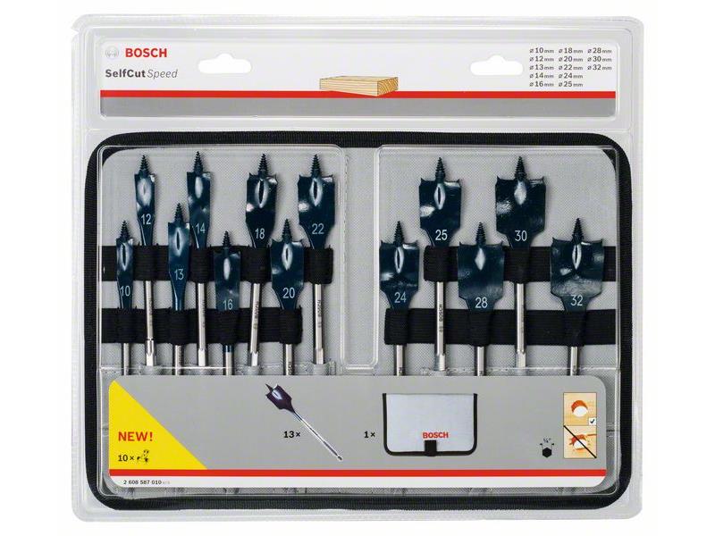 13-delni komplet ploščatih rezkalnih svedrov Bosch Self Cut Speed, Dimenzije: 10, 12, 13, 14, 16, 18, 20, 22, 24, 25, 28, 30, 32 mm, 2608587010