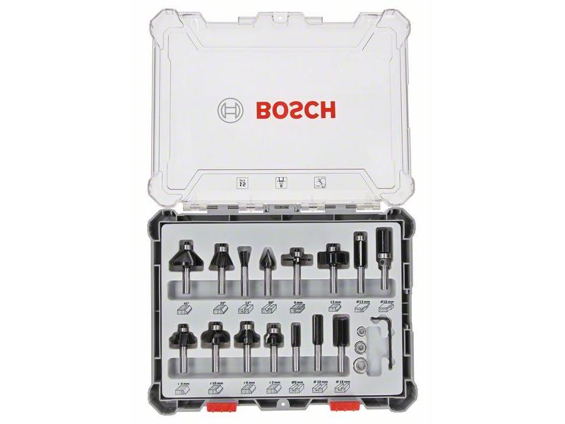15-delni komplet mešanih rezkarjev Bosch s 8-milimetrskim vpenjalnim steblom, 2607017472