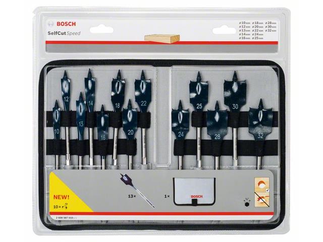 13-delni komplet ploščatih rezkalnih svedrov Bosch Self Cut Speed, Dimenzije: 10, 12, 13, 14, 16, 18, 20, 22, 24, 25, 28, 30, 32 mm, 2608587010