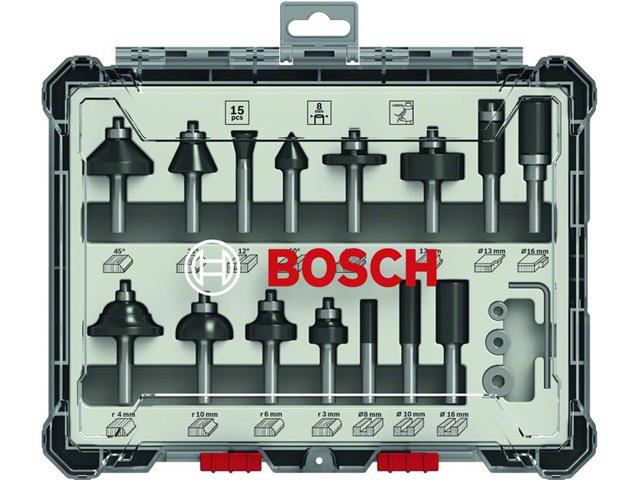 15-delni komplet mešanih rezkarjev Bosch s 8-milimetrskim vpenjalnim steblom, 2607017472