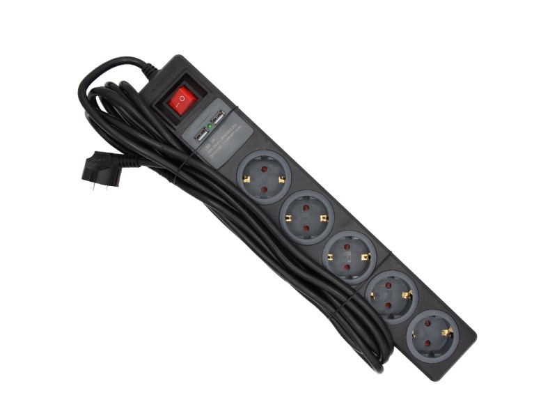 Električni podaljšek in USB, 5 vtičnic, črn, s stikalom, IP20