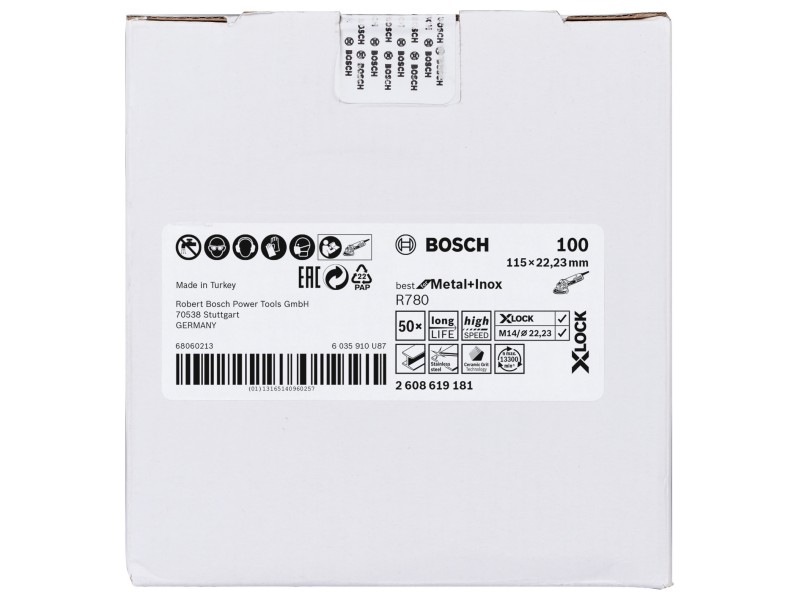 X-LOCK Bosch Vlaknena plošča,zvezdasta luknja,Best for Metal & Inox, Pakiranje: 50kos, Dimenzije: 115x22,23mm, Zrnatost: 100, 2608619181