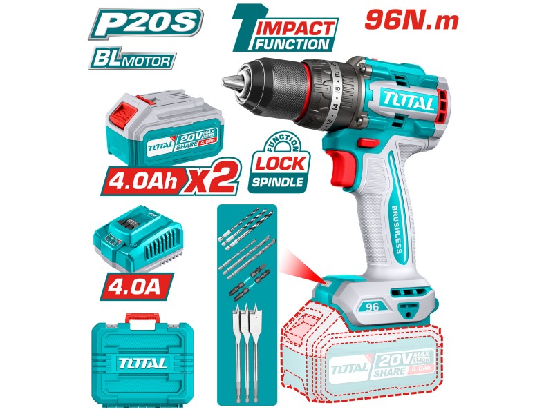 Kompaktni brezkrtačni akumulatorski vrtalnik Total 2000prm/96Nm/P20S/ INDUSTRIAL, TIDLI20968E