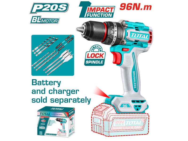 Kompaktni brezkrtačni akumulatorski vrtalnik Total 2000prm/96Nm/P20S/ INDUSTRIAL, TIDLI209681