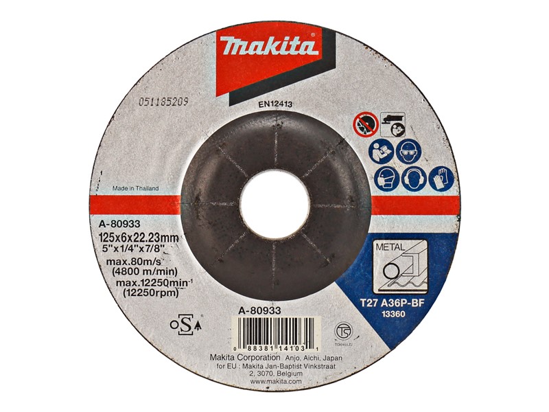 Brusni disk Makita za kovino, Dimenzije: 125x6x22,23mm, Zrnatost: 36, A-80933