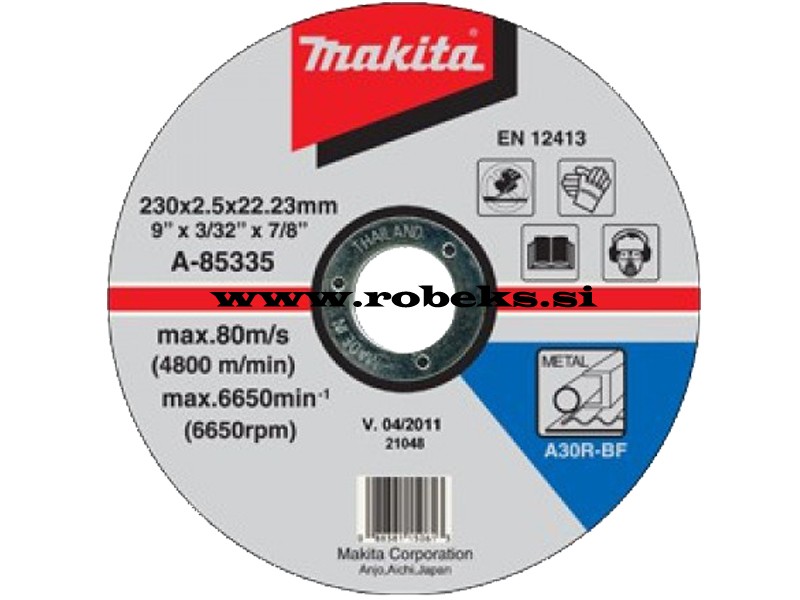 Rezalna plošča Makita za kovino, Dimenzije: 230x2,5x22,23mm, Zrnatost: 30, A-85335