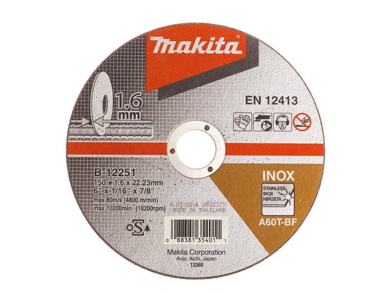 Rezalna plošča za nerjavno jeklo Makita, Dimenzije: 150x1,6x22,23mm, Zrnatost: 60, B-12251