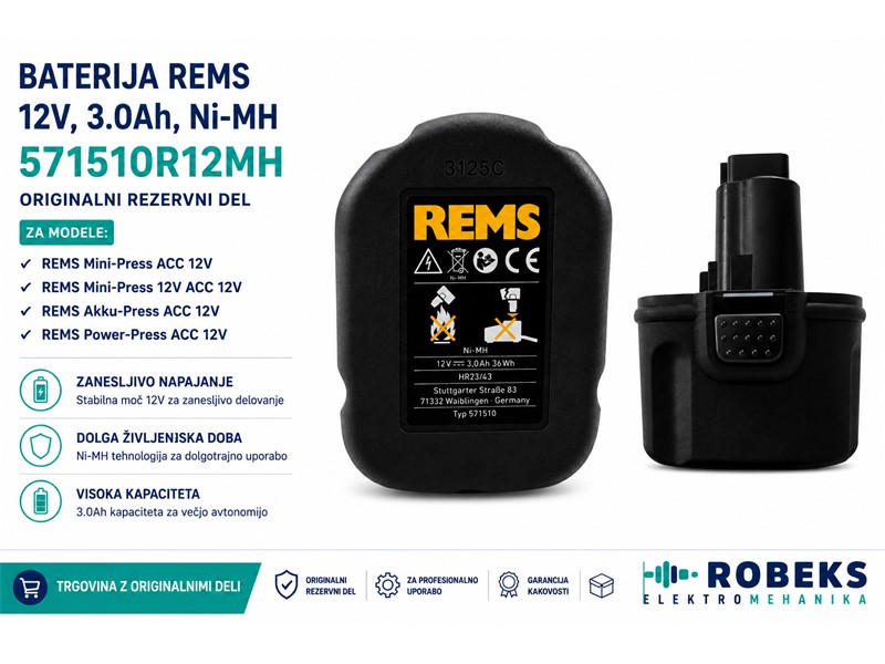 Baterija Rems 12V, 3.0Ah, Ni-MH, 571510R12MH