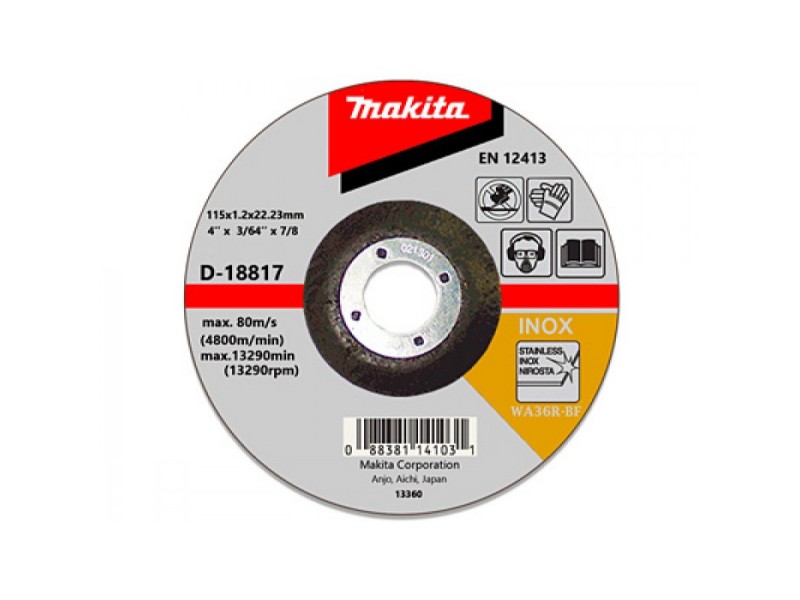 Brusilna plošča Makita za nerjaveče jeklo, Dimenzije: 115x1.2x22.23mm, D-18817