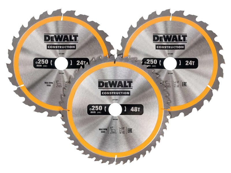 Komplet žaginih listov za krožno žago DeWALT DT1963, Ø 250 × 30 mm, 24 + 24 + 48 zob, 3 kosi