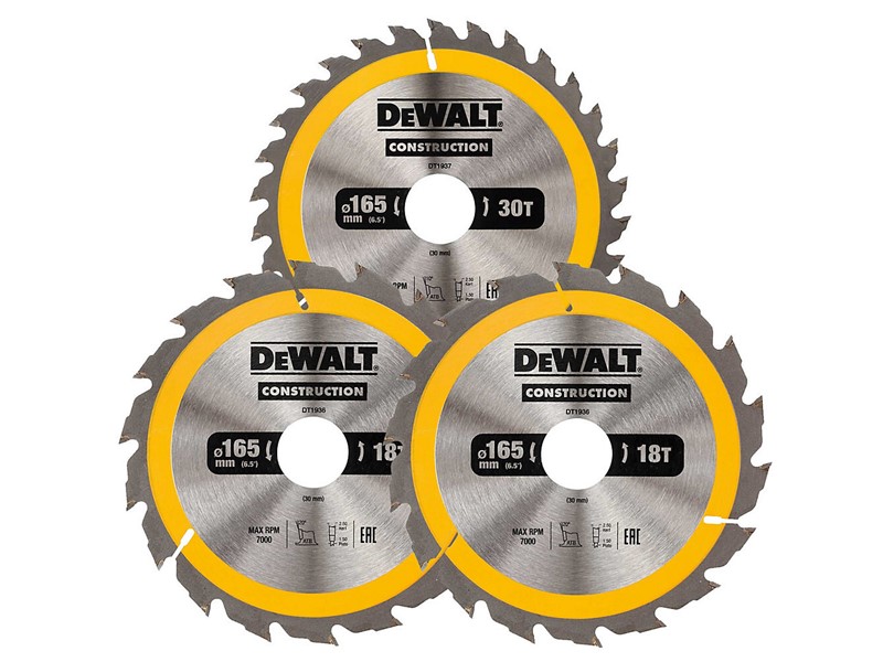 Komplet žaginih listov za krožno žago DeWALT DT1965, Ø 165 × 30 mm, 18 + 18 + 30 zob, 3 kosi