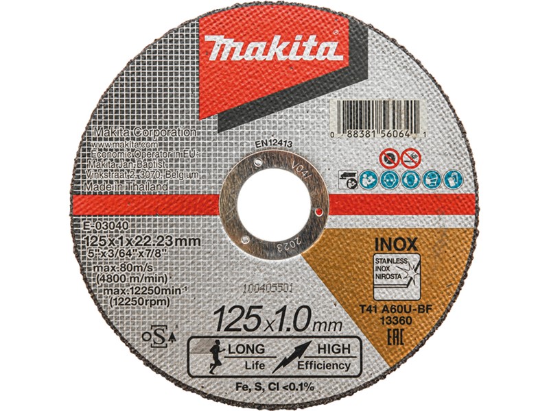Tanka rezalna plošča Makita za inox, Dimenzije: 125x1x22,23mm, E-03040