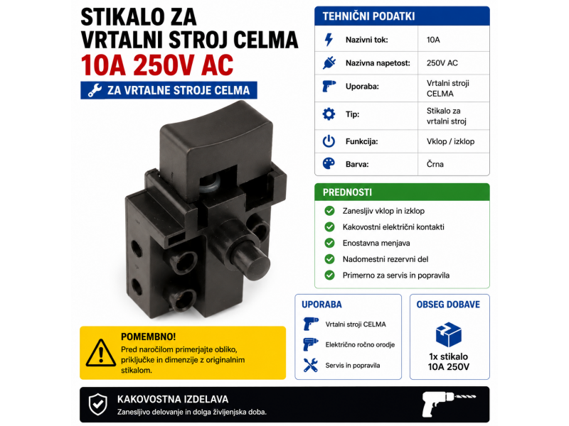 Klasično stikalo za vrtalni stroj z blokado, Dimenzije: 47x29x16mm, PW115
