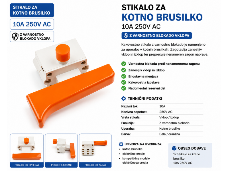 Stikalo je za veliko kotno brusilko, Dimenzije: 12x68,5mm, FA4-10/2B, 10A, 250V, PW109