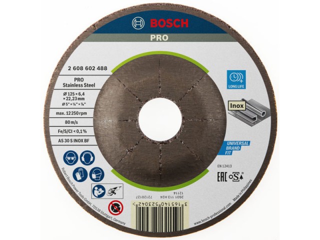 Brusna plošča Bosch PRO Stainless Steel, 125 x 6 x 22,23 mm, 2608602488