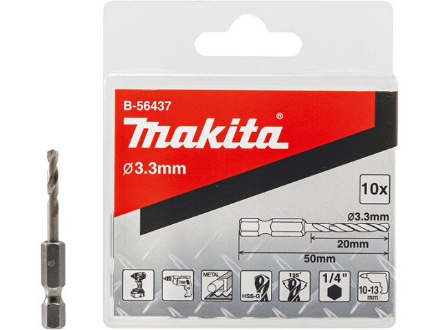 Sveder za povrtavanje z 1/4 vpetjem Makita, 3.3x50mm, Pakiranje: 10kos, B-56437