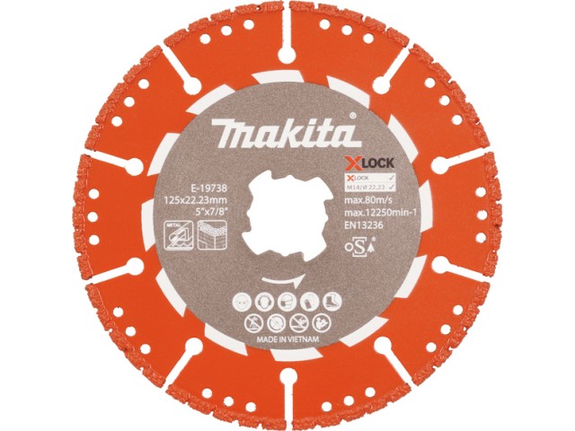 Diamantna rezalna plošča Makita, večnamenska X-LOCK, Dimenzije: 125x22,23x2,8mm, E-19738