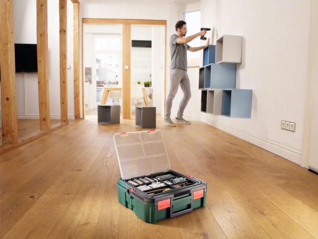 Akumulatorski dvostopenjski kombinirani vrtalnik Bosch PSB 1800+SystemBox 241-delni komplet pribora, 06039A330K