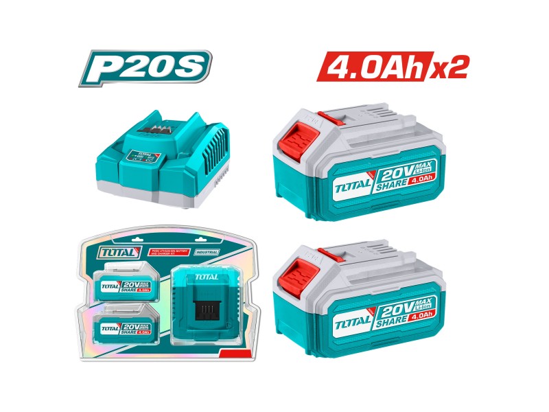 Komplet 2 kos. Litij-ionska baterija 4,0 Ah in polnilec Total, 20V/P20S, INDUSTRIAL, TFBCPK1424E