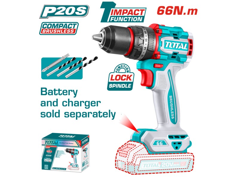 Kompaktni brezkrtačni akumulatorski vrtalnik Total 2000prm/66Nm/P20S/ INDUSTRIAL, TIDLI206681