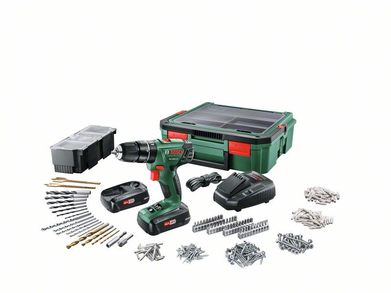 Akumulatorski dvostopenjski kombinirani vrtalnik Bosch PSB 1800+SystemBox 241-delni komplet pribora, 06039A330K