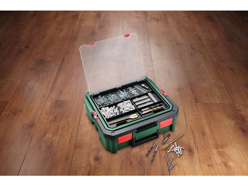 Akumulatorski dvostopenjski kombinirani vrtalnik Bosch PSB 1800+SystemBox 241-delni komplet pribora, 06039A330K