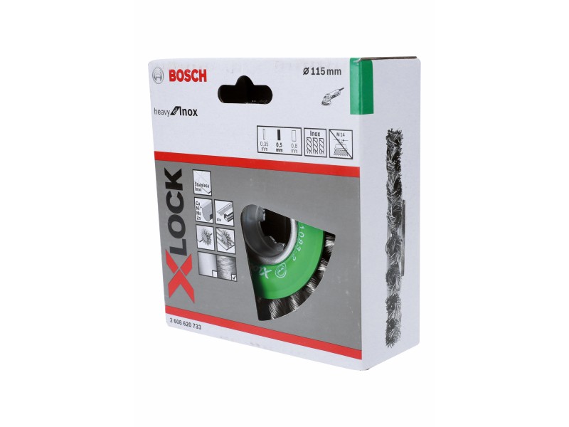 X-LOCK Bosch Kolutna ščetka, pletena žica iz nerjavečega jekla, Dimenzije: 115x0,5mm, 2608620733
