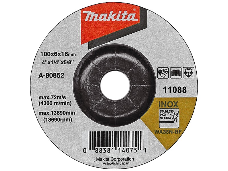 Vbočena brusilna plošča Makita, Dimenzije: 100x6x16mm, Zrnatost: 36, A-80852