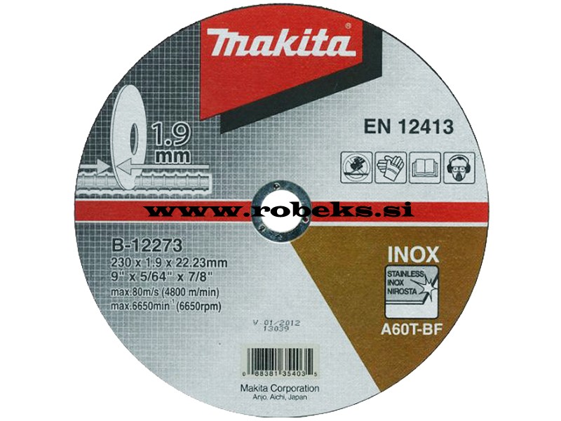 Rezalna plošča Makita za Inox, Dimenzije: 230x1,9x22,23mm, Zrnatost: 60, B-12273