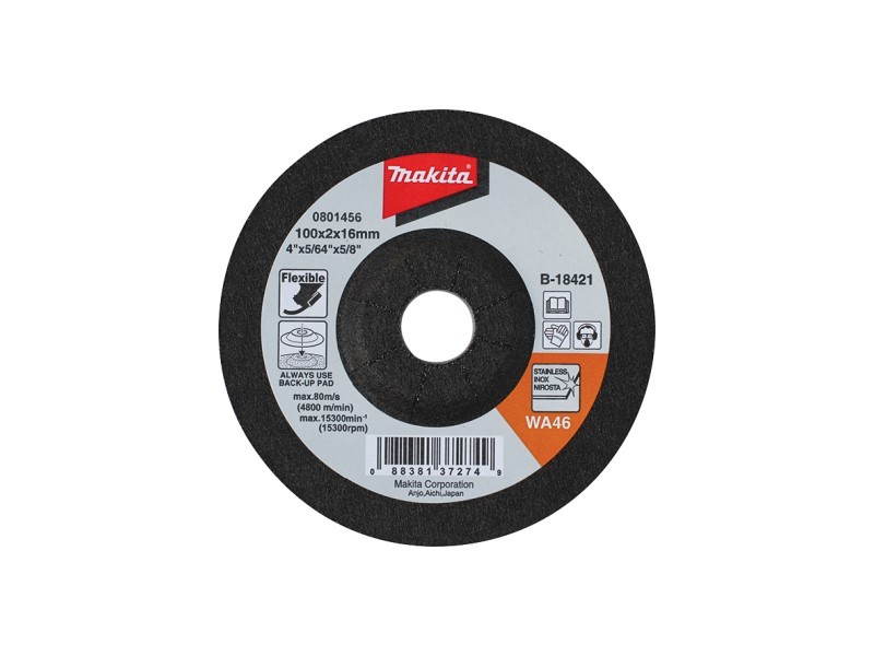 Upogljiva brusilna plošča za nerjavno jeklo Makita, Dimenzije: 115x3x22,23mm, Zrnatost: 36, B-18502