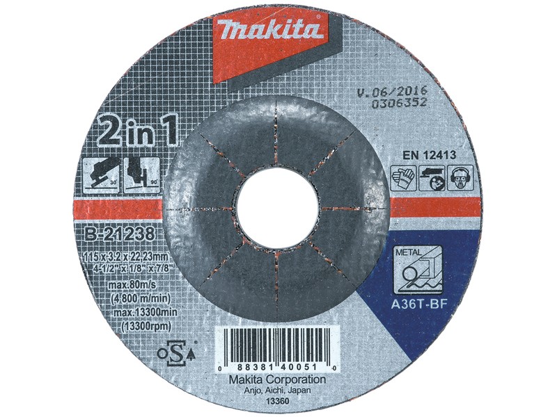 Vbočena brusilna plošča Makita, Dimenzije: 100x3,2x16mm, Zrnatost: 36, B-21222