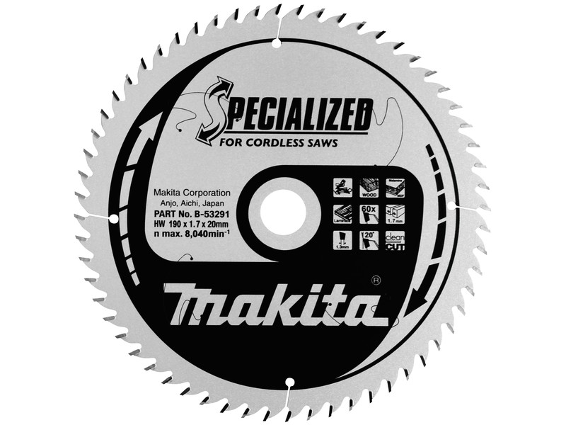 TCT žagin list Makita, za rezanje vezanih plošč, Dimenzije: 190x20mm, Zob: 60, B-53291