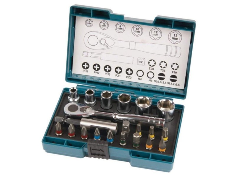 21-delni set Makita vij.nastavkov z ragljo, PH1, PH2, PH3, PZ1, PZ2, T20,T25,T30, 0.8x5.5, 1.2x6.5, H4, H6, B-54081