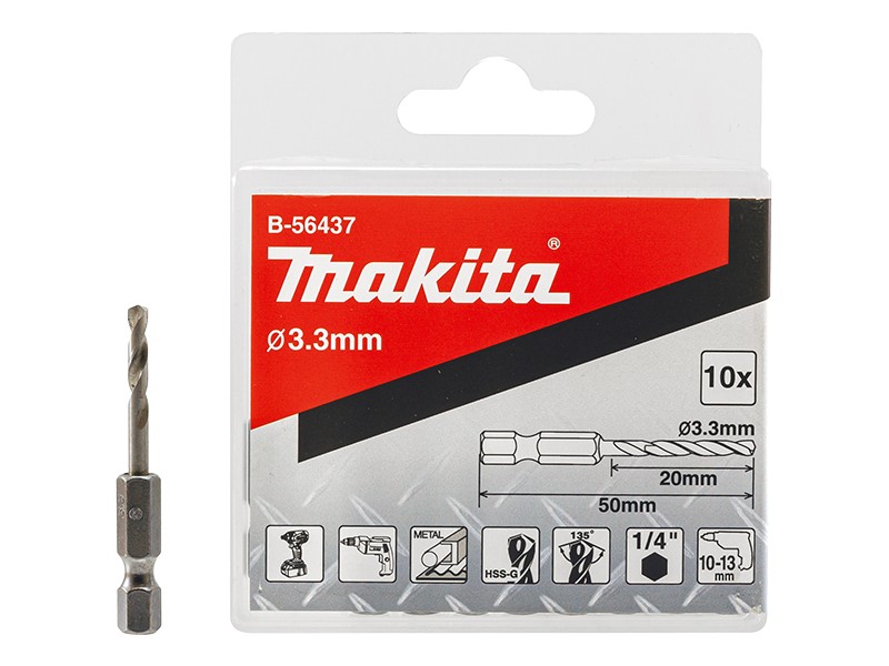 Sveder za povrtavanje z 1/4 vpetjem Makita, 3.3x50mm, Pakiranje: 10kos, B-56437