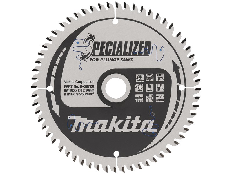 TCT žagin list Makita, Dimenzije: 165x20mm, Zob: 60, za MDF-fini končni rez, B-56720