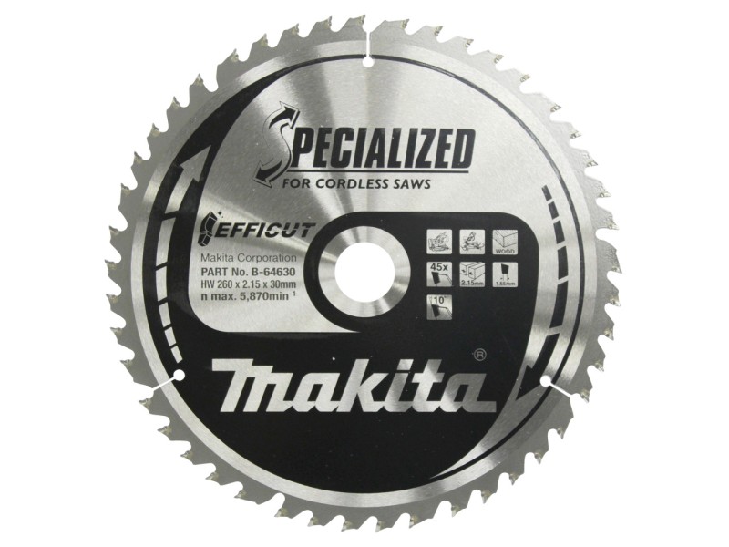 TCT Efficut žagin list Makita, za les, Dimenzije: 260x1,5x30mm, Zob: 45, B-64630