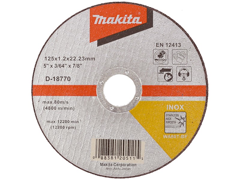 Rezilna plošča Makita za nerjaveče jeklo, Dimenzije: 125x1.2x22.23 mm, Zrnatost: 60, D-18770