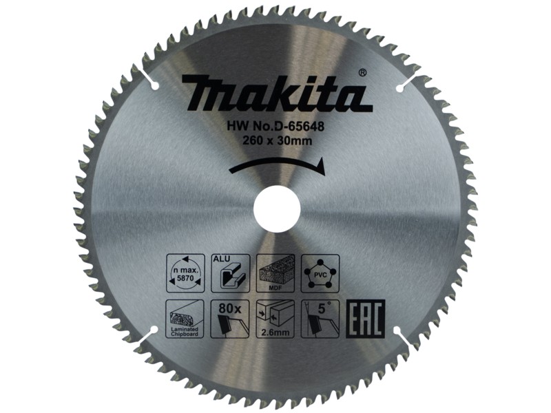 Žagin list Makita TCT, Dimenzije: 260x30x2.6mm, Zob: 80, D-65648