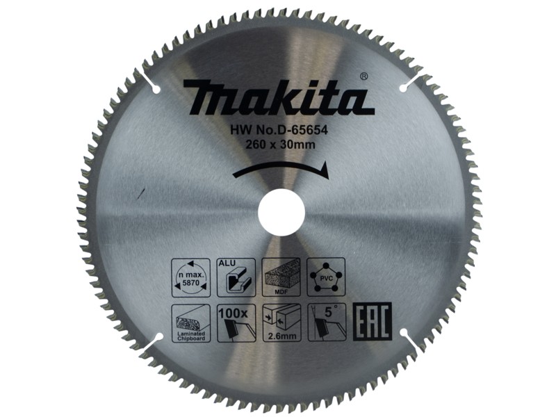 Žagin list Makita TCT, Dimenzije: 260x30x2.6mm, Zob: 100, D-65654