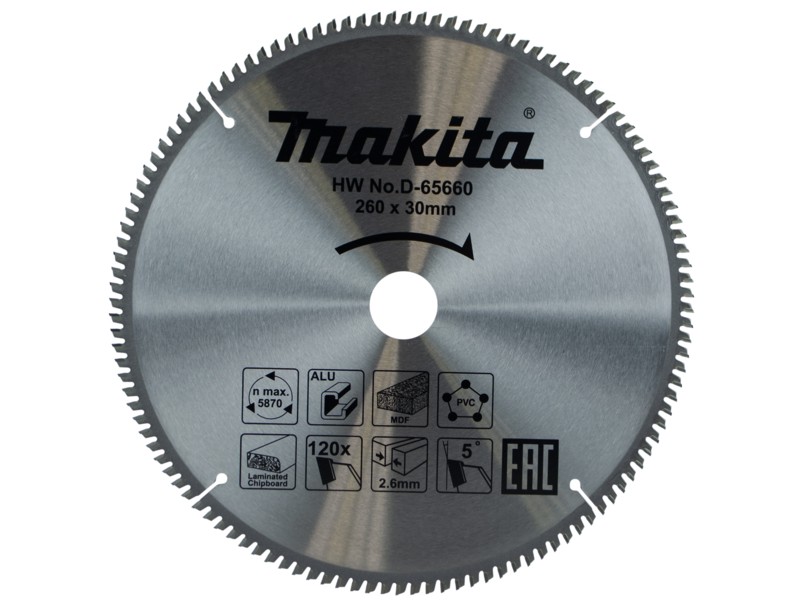 Žagin list Makita TCT, Dimenzije: 260x30x2.6mm, Zob: 120, D-65660