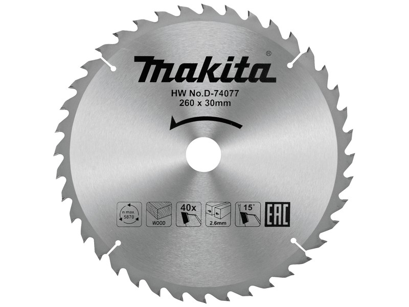 TCT žagin list za les Makita, Dimenzije: 260x30x2,6mm, Zob: 40, D-74077